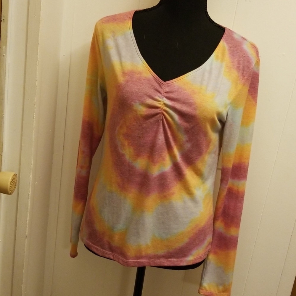 Custom Tie Dye Long Sleeve V Neck Tee Shirt Top
